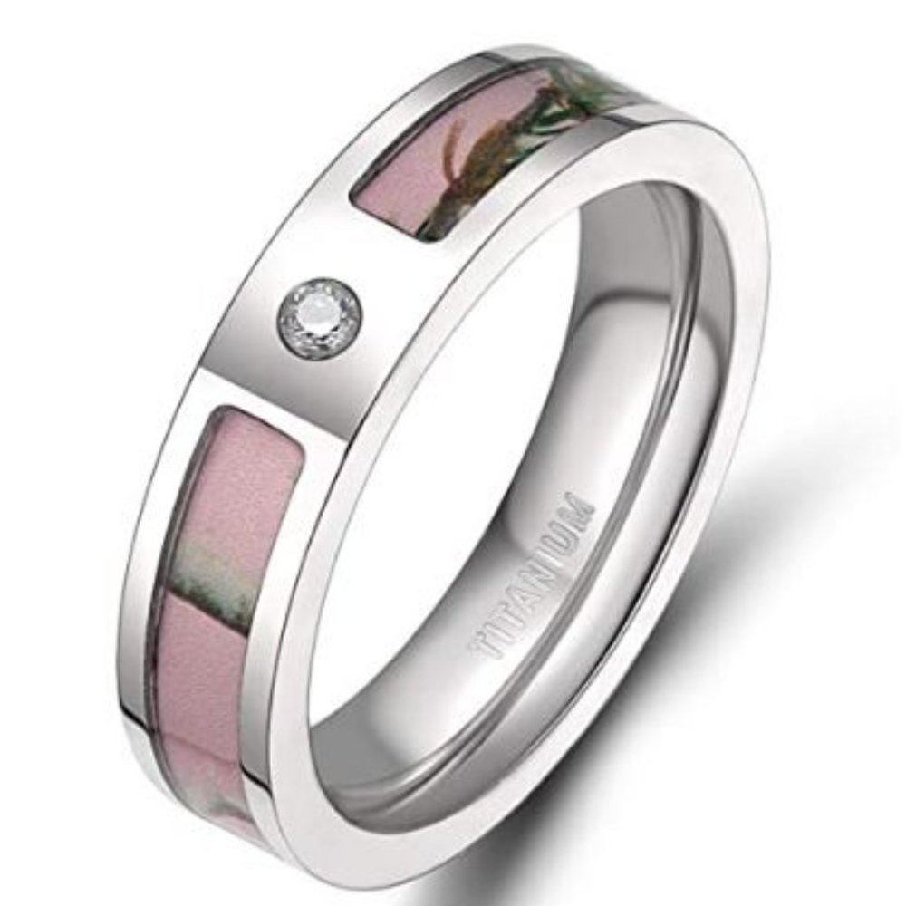 Womens White Sapphire & Pink Camo Titanium Wedding Ring band size 9